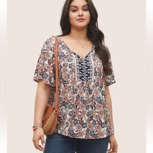 BloomChic Plus Size XL Boho Print Button Detail Ties Blouse us14-16